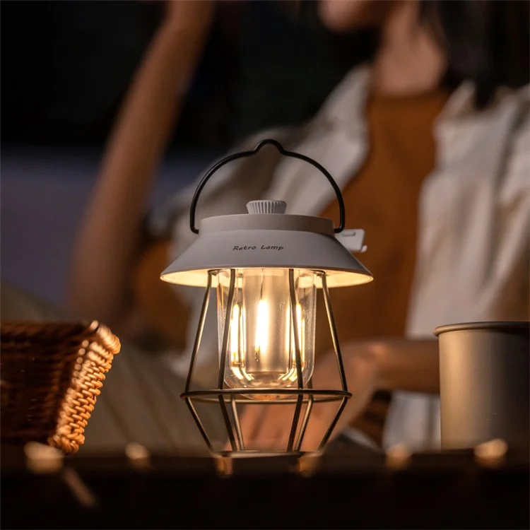 Vintage Iron Art Tent Lantern Rechargeable Hanging Lamp Portable Camping LED Light - White