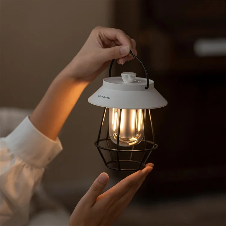 Vintage Iron Art Tent Lantern Rechargeable Hanging Lamp Portable Camping LED Light - White