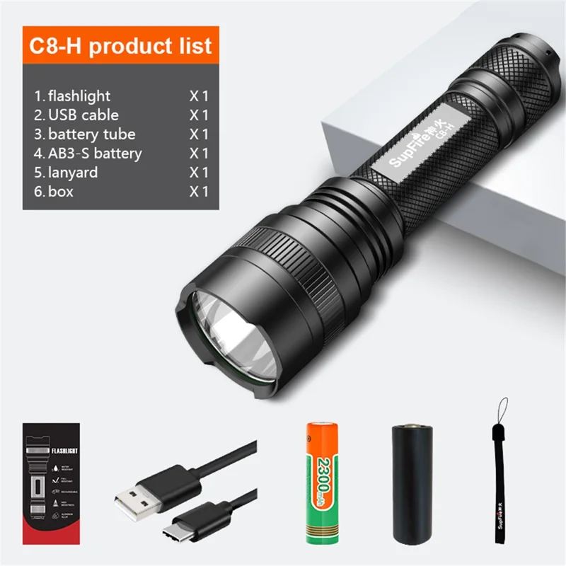 SUPERFIRE C8-H 1200LM Lampe de poche portable Haute luminosité 15W Veilleuse avec batterie 4000mAh