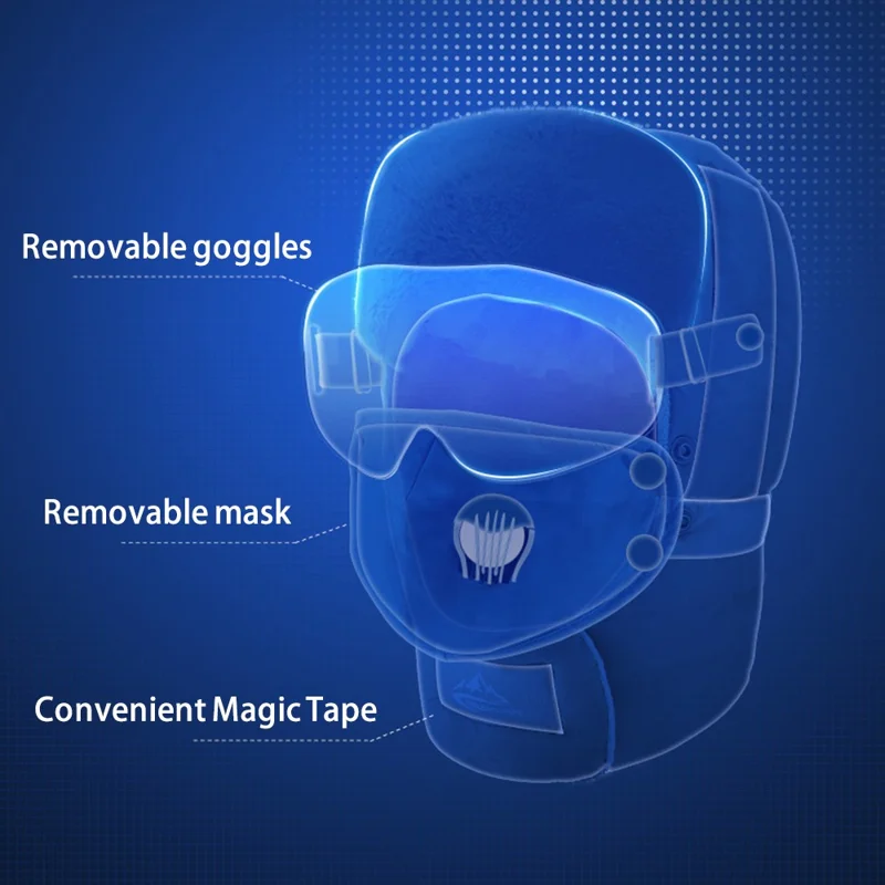 GOLOVEJOY DMZ92 Windproof Winter Hat Skiing Snow Warmer Trapper Beanie Hat with Removable Goggles, Mask - Black / Gradient Goggles