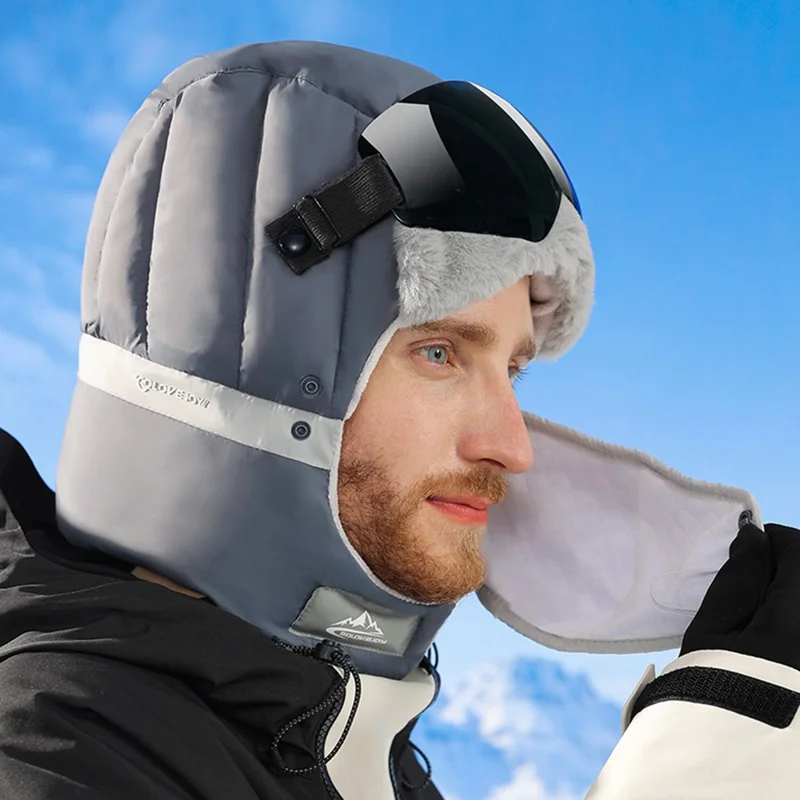 GOLOVEJOY DMZ92 Windproof Winter Hat Skiing Snow Warmer Trapper Beanie Hat with Removable Goggles, Mask - Black / Gradient Goggles