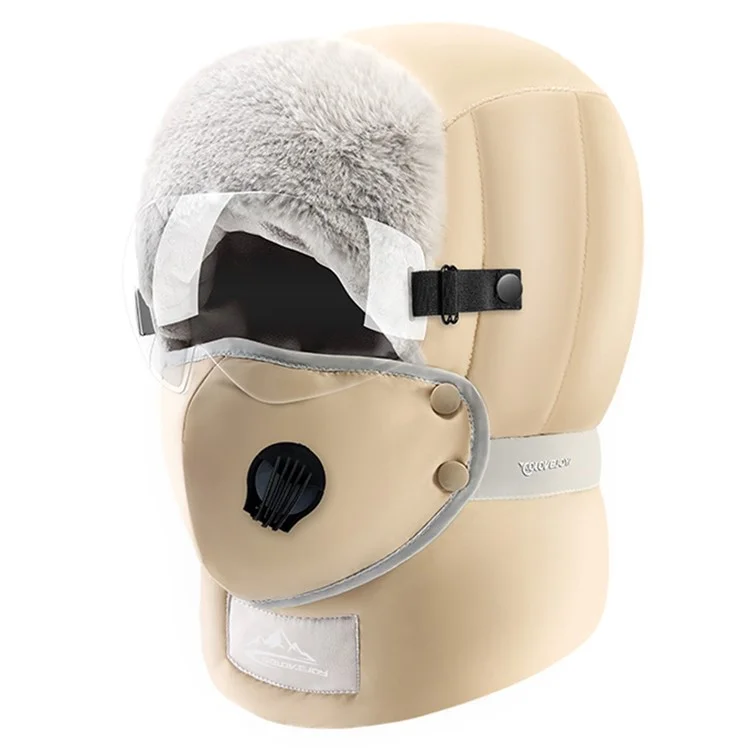 GOLOVEJOY DMZ92 Windabweisende Winter-Mütze Skifahren Schnee-Wärmer Trapper-Beanie-Mütze mit abnehmbarer Brille, Maske - Khaki / Transparente Brille