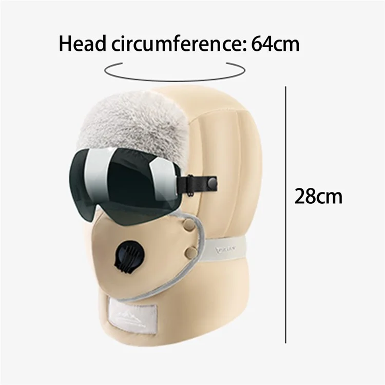 GOLOVEJOY DMZ92 Windabweisende Winter-Mütze Skifahren Schnee-Wärmer Trapper-Beanie-Mütze mit abnehmbarer Brille, Maske - Khaki / Transparente Brille