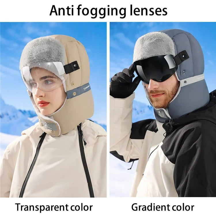 GOLOVEJOY DMZ92 Windabweisende Winter-Mütze Skifahren Schnee-Wärmer Trapper-Beanie-Mütze mit abnehmbarer Brille, Maske - Khaki / Transparente Brille