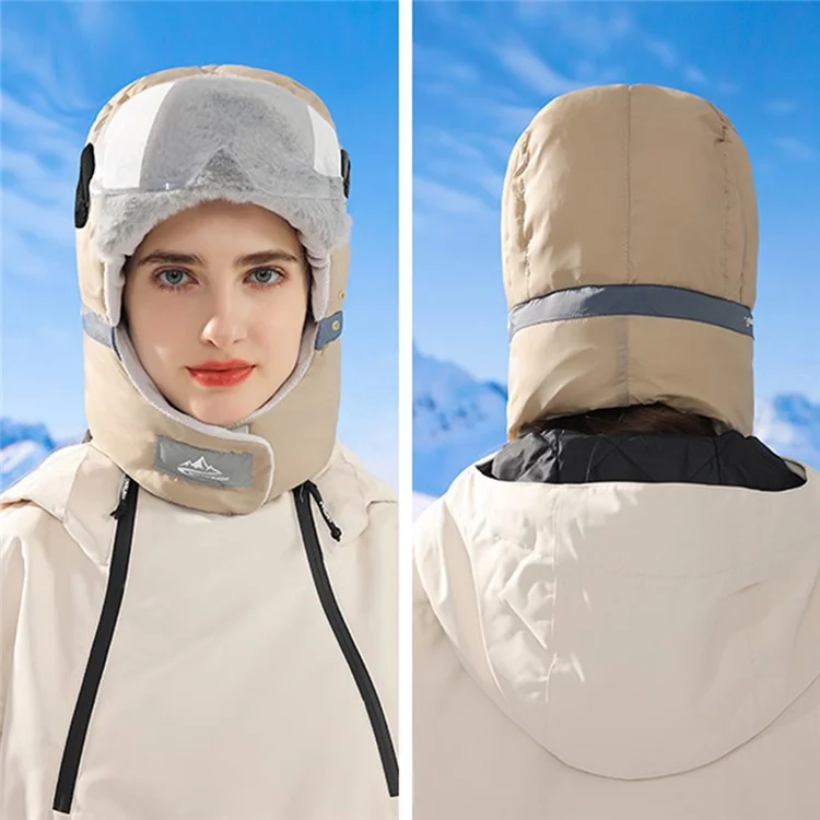 GOLOVEJOY DMZ92 Windabweisende Winter-Mütze Skifahren Schnee-Wärmer Trapper-Beanie-Mütze mit abnehmbarer Brille, Maske - Khaki / Transparente Brille