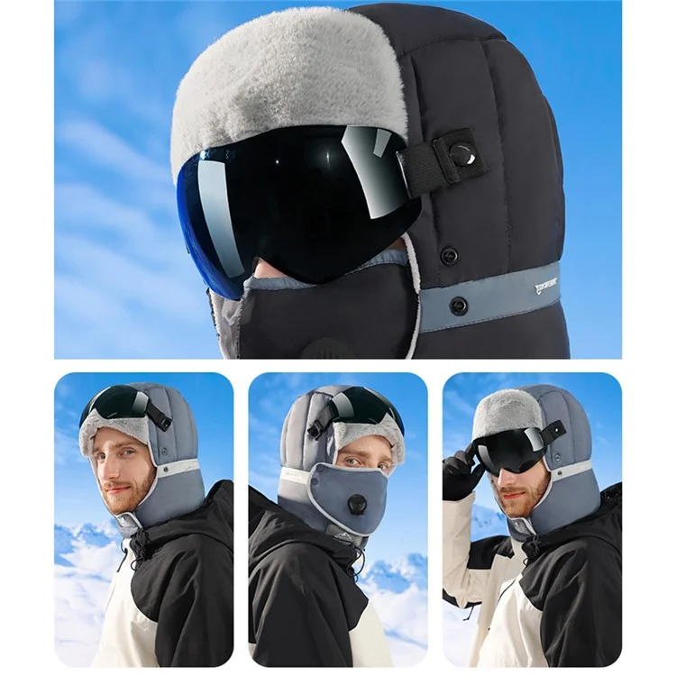 GOLOVEJOY DMZ92 Berretto invernale antivento per sci, neve, cappello da trappola riscaldante con occhiali e maschera rimovibili - Grigio scuro / Occhiali trasparenti
