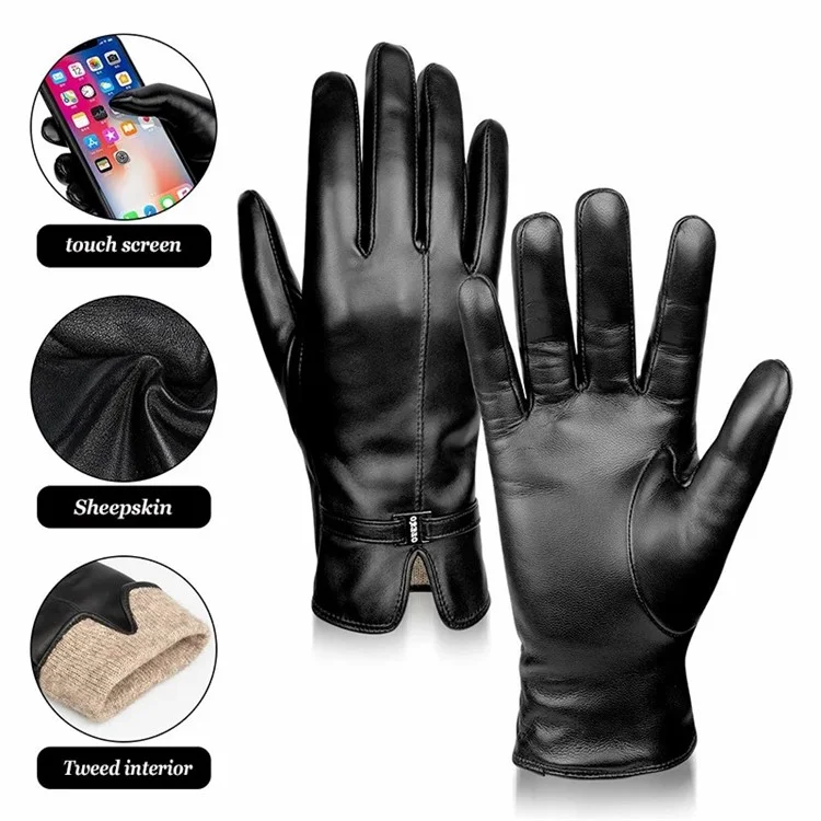 Ozero 1 Paar Frauen Winter Windprofessioneller Schaffell Lederhandschuhe Touchscreen Vollfuscheln Fäustlinge - Weinrot / L