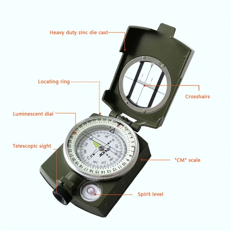 AOFAR AF-4580 Compasso de Liga de Zinco para Uso Externo, Camping e Caminhada, Compasso Fluorescente
