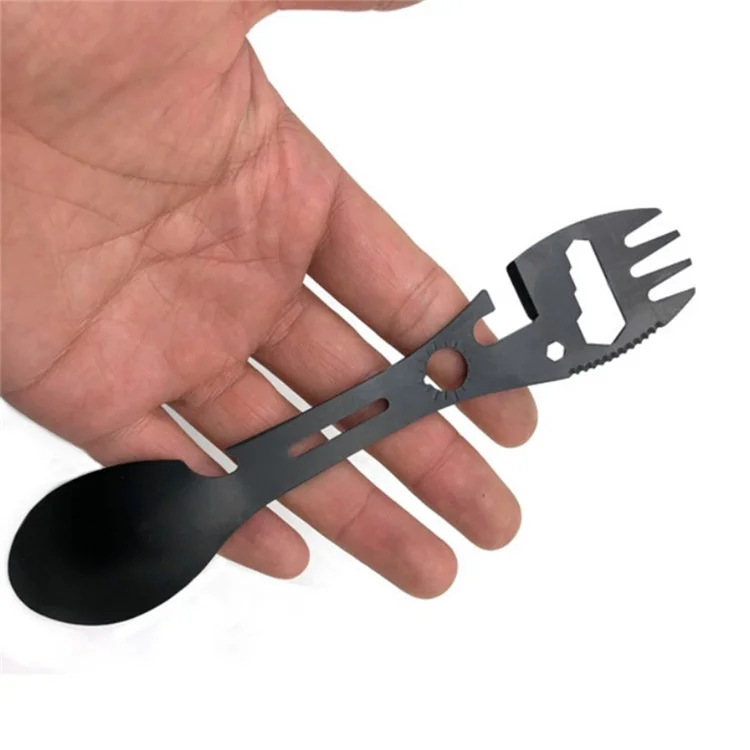 Stainless Steel Camping Spoon Fork Knife Wine Bottle Opener (BPA-Free, No FDA Certified) - Black