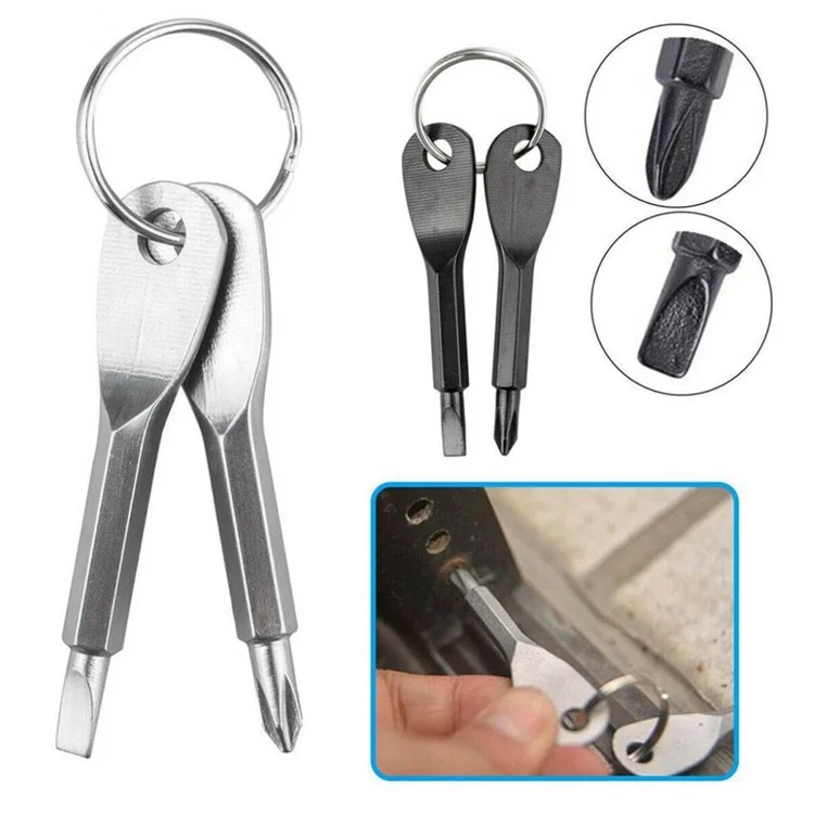 2-in-1 Outdoor Emergency Portable EDC Screwdriver Pocket Tool with Key Ring - Silver
