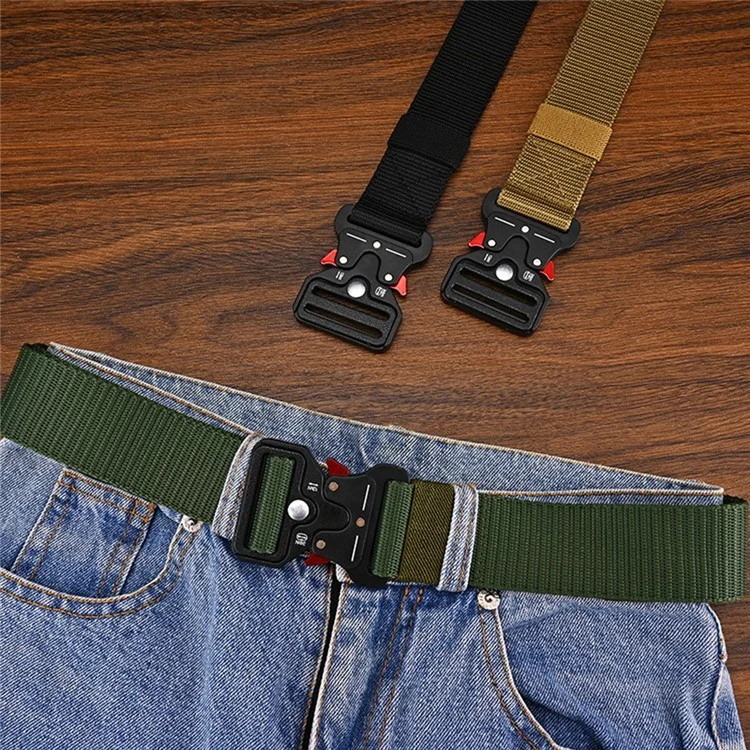 P0051A Outdoor Sport Canvas Men Tactical Belt with Red Quick Release Buckle - Black