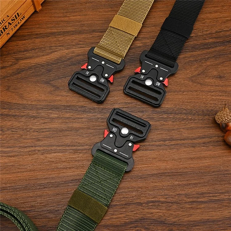 P0051A Outdoor Sport Canvas Men Tactical Belt with Red Quick Release Buckle - Black
