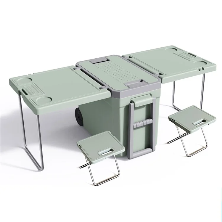 Table pliante portable pour le camping en plein air et les pique-niques, avec boîte isotherme de 32 L et 2 tabourets - Vert + Gris