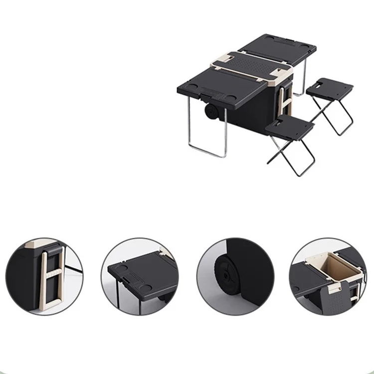 Table pliante portable pour le camping en plein air et les pique-niques, avec boîte isotherme de 32 L et 2 tabourets - Vert + Gris