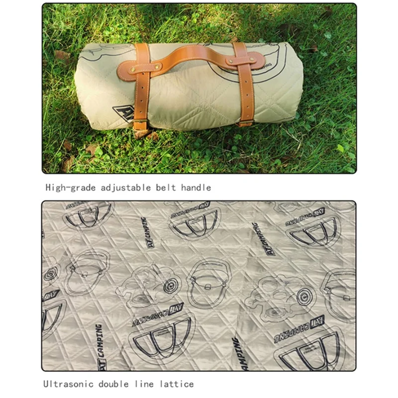 45679 200x200cm Outdoor Camping Picnic Mat Moisture-proof Lawn Mat with Leather Tote Strap - Black