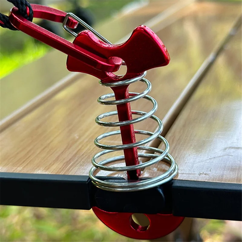 AOTU AT6546 Aluminum Alloy Fishbone Spring Nail Tent Stake Deck Anchor Peg with D-shape Carabiner - Red