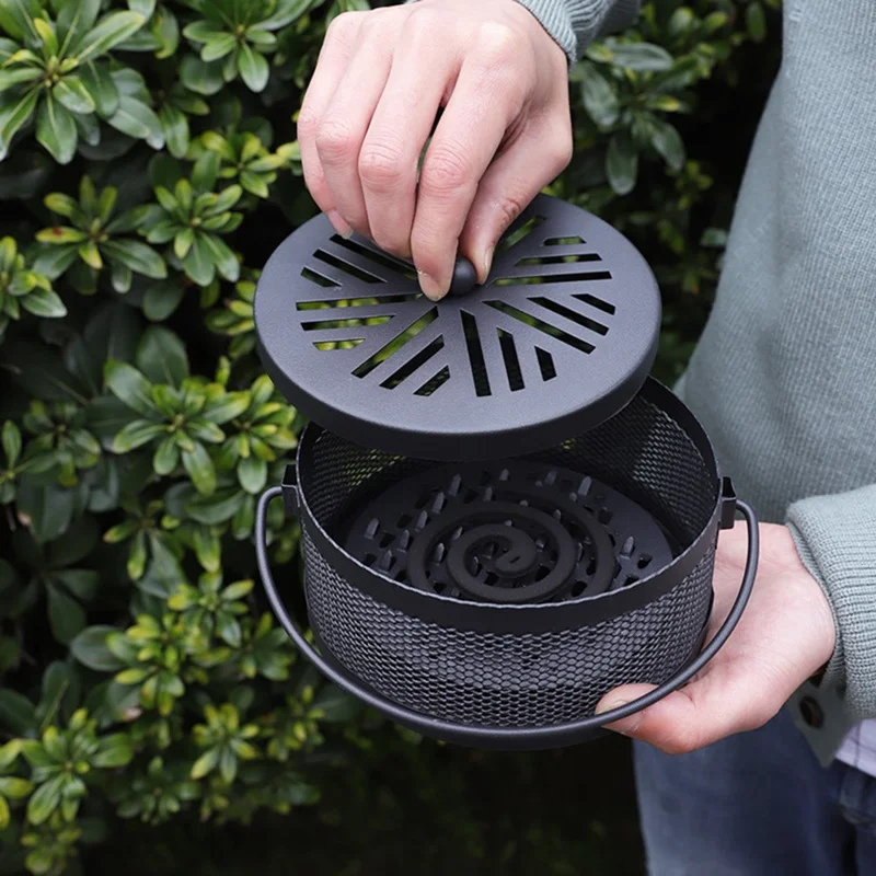 AOTU Portable Iron Mosquito Incense Coil Holder Box with Lid for Outdoor Home - Bronze / Snowflake