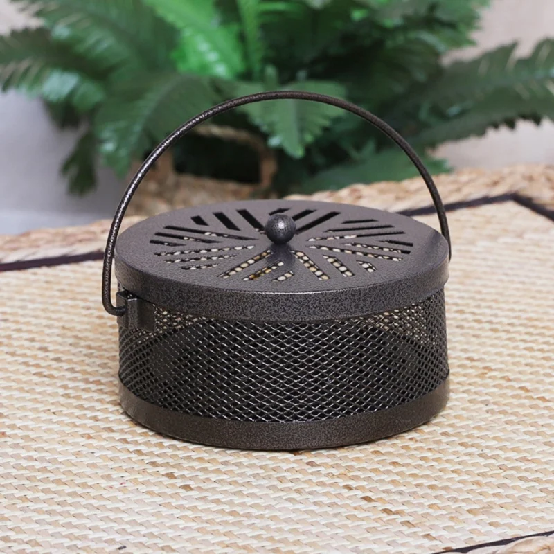 AOTU Portable Iron Mosquito Incense Coil Holder Box with Lid for Outdoor Home - Bronze / Rhombus