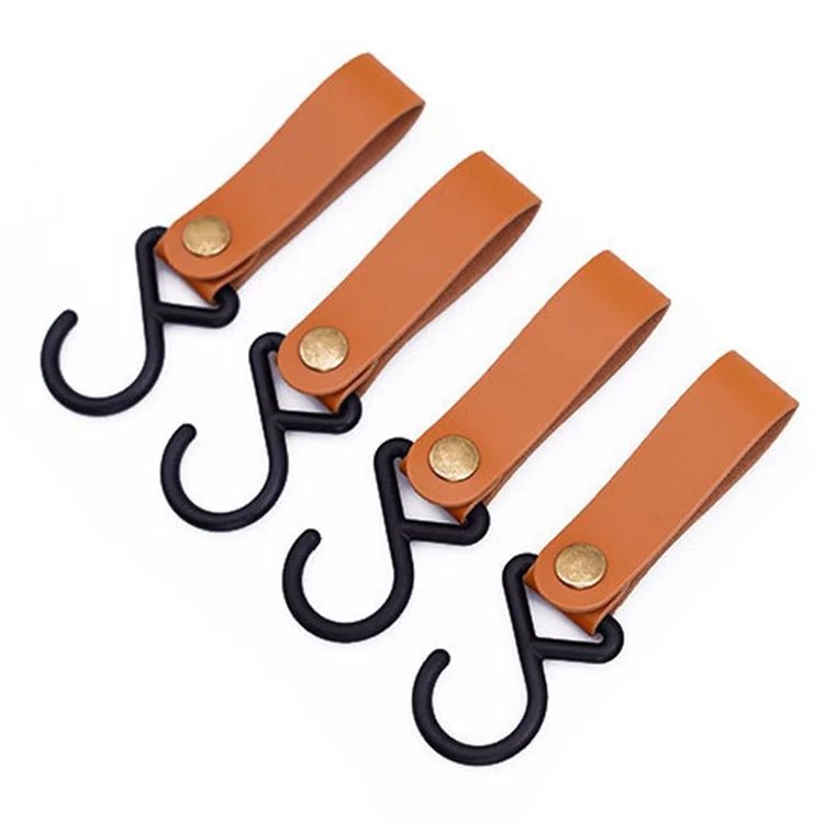 AOTU 4Pcs PU Leather Strap S-Shape Plastic Hooks for Outdoor Camping Hanging Pots Pans - Light Coffee