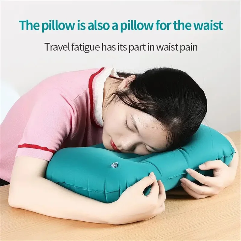 Press Inflation Milk Silk Pillow Portable Camping Travel Rectangle Waist Cushion Sleep Air Pillow - Peacock Blue