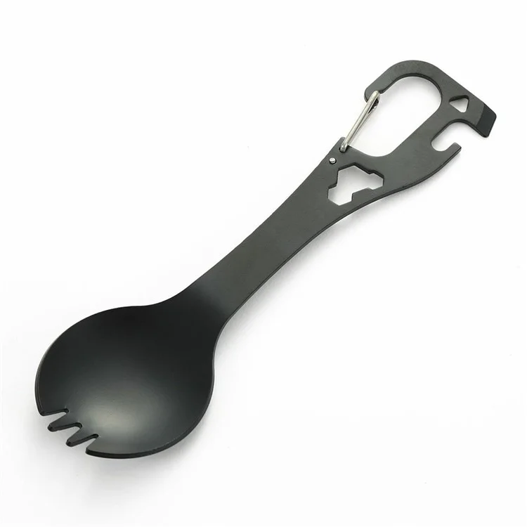 DIY058 2-in-1-Löffel-Gabel aus 420er Edelstahl, Outdoor-Camping-Besteck, Flaschenöffner-Tool (kein FDA, BPA-frei) - Schwarz