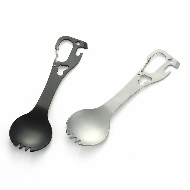 DIY058 2-in-1-Löffel-Gabel aus 420er Edelstahl, Outdoor-Camping-Besteck, Flaschenöffner-Tool (kein FDA, BPA-frei) - Schwarz