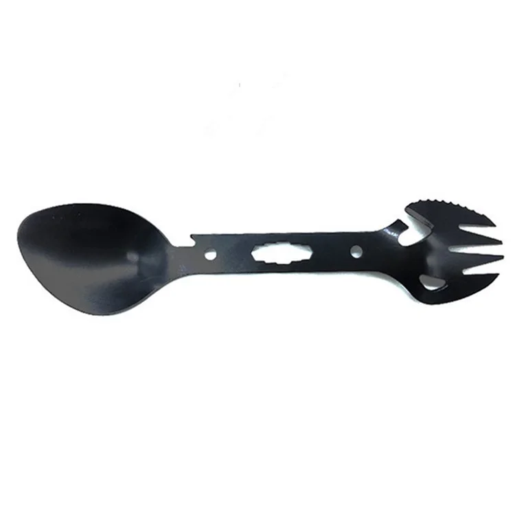 DIY0432 Utensílio Tático Multiuso de 10 em 1 em Aço Inoxidável - Colher, Garfo, Abridor de Garrafas, Abridor de Latas (Sem Certificado FDA) - Preto