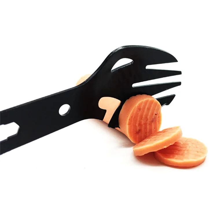 DIY0432 Utensílio Tático Multiuso de 10 em 1 em Aço Inoxidável - Colher, Garfo, Abridor de Garrafas, Abridor de Latas (Sem Certificado FDA) - Preto