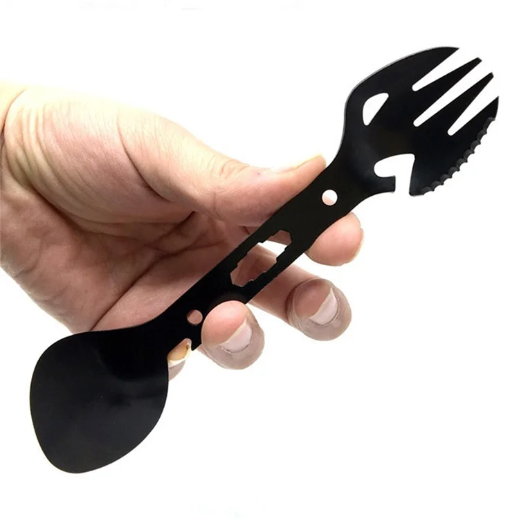 DIY0432 Utensílio Tático Multiuso de 10 em 1 em Aço Inoxidável - Colher, Garfo, Abridor de Garrafas, Abridor de Latas (Sem Certificado FDA) - Preto