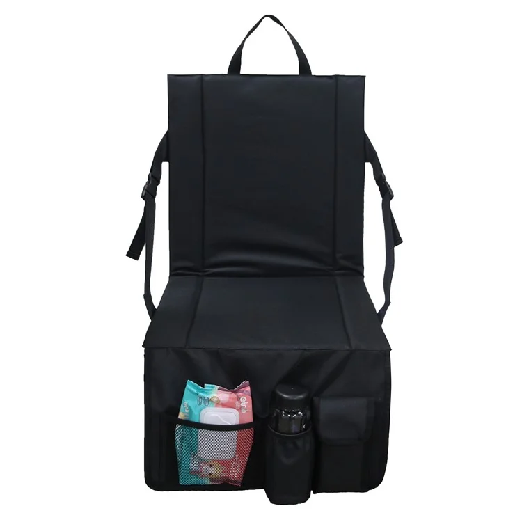 Cadeira de Encosto Portátil Almofada para Assento Atividades ao Ar Livre Assento do Parque com Bolsos de Armazenamento Inferiores - Preto