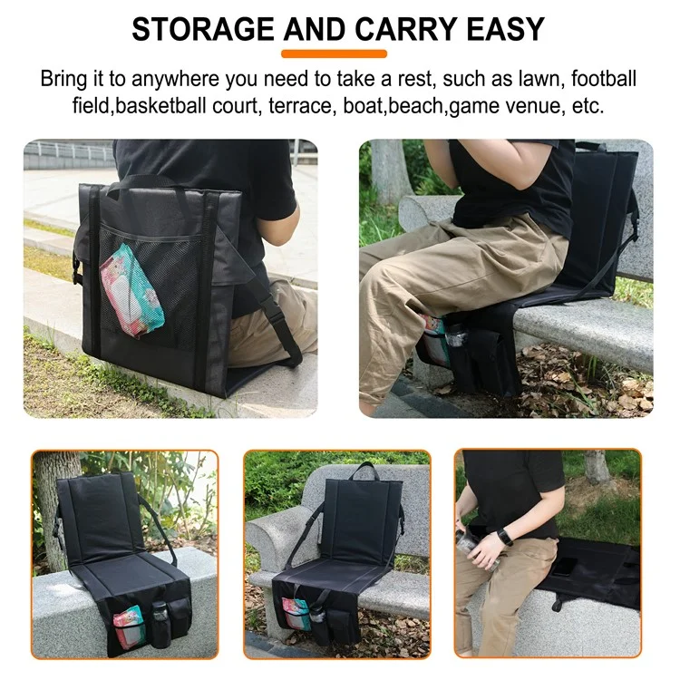 Cadeira de Encosto Portátil Almofada para Assento Atividades ao Ar Livre Assento do Parque com Bolsos de Armazenamento Inferiores - Preto