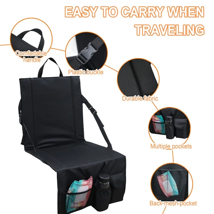 Cadeira de Encosto Portátil Almofada para Assento Atividades ao Ar Livre Assento do Parque com Bolsos de Armazenamento Inferiores - Preto