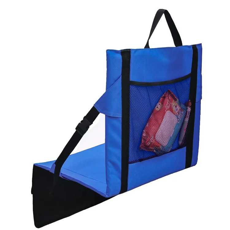 Asiento de respaldo portátil para silla de camping Cojín para asiento Outdoor Park Mat con bolsillos de almacenamiento inferior - Azul
