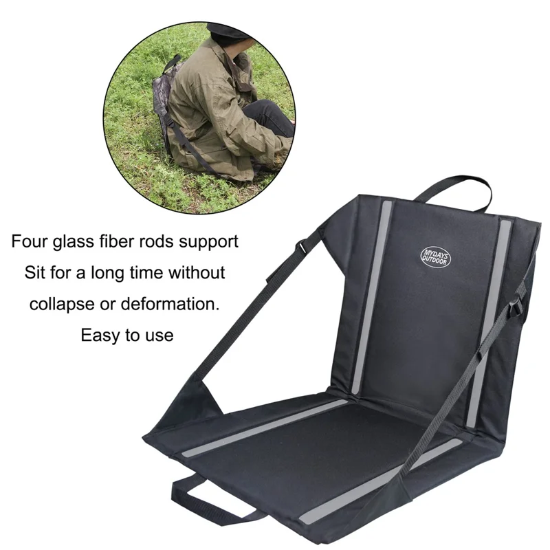 MYDAYS OUTDOOR 43x43cm Mochila Portátil Apoio de Costas Almofada Cadeira Dobrável Acampamento Assento Tapete - Preto