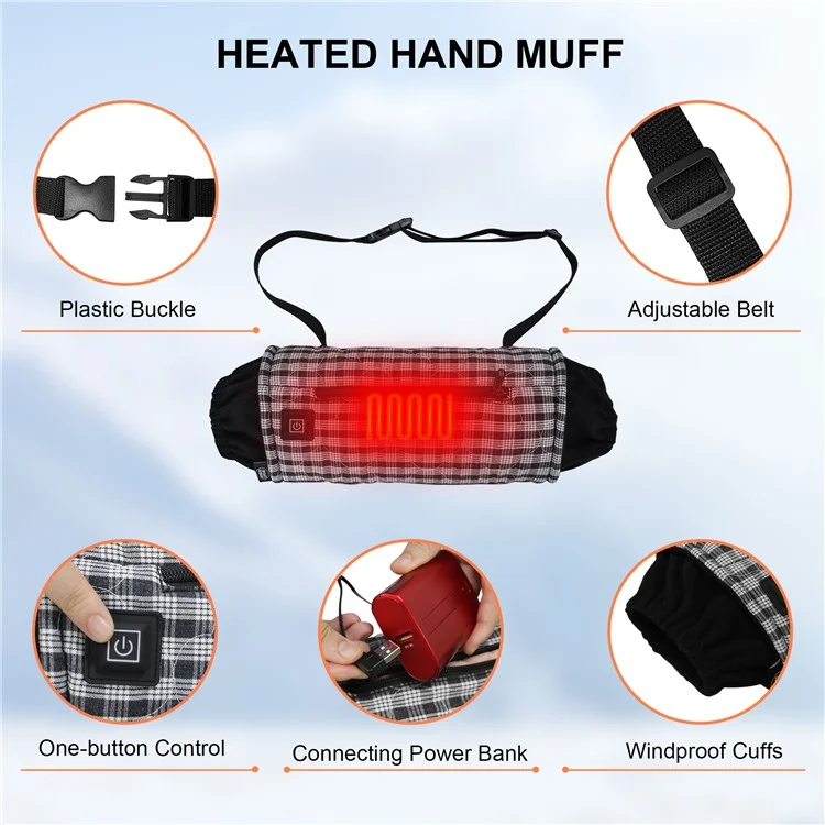 Outdoor Hand Warmer 40x19cm Heated Hand Muff Pouch for Cold Weather - Black+White Grid