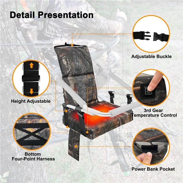 Outdoor Camping Jagd Elektrischer Heizstühle 600D Oxford-Gewebe+EPE Baum-Montageplatte Sitzkissen, 46x31x59 cm - Blatt-Tarnung
