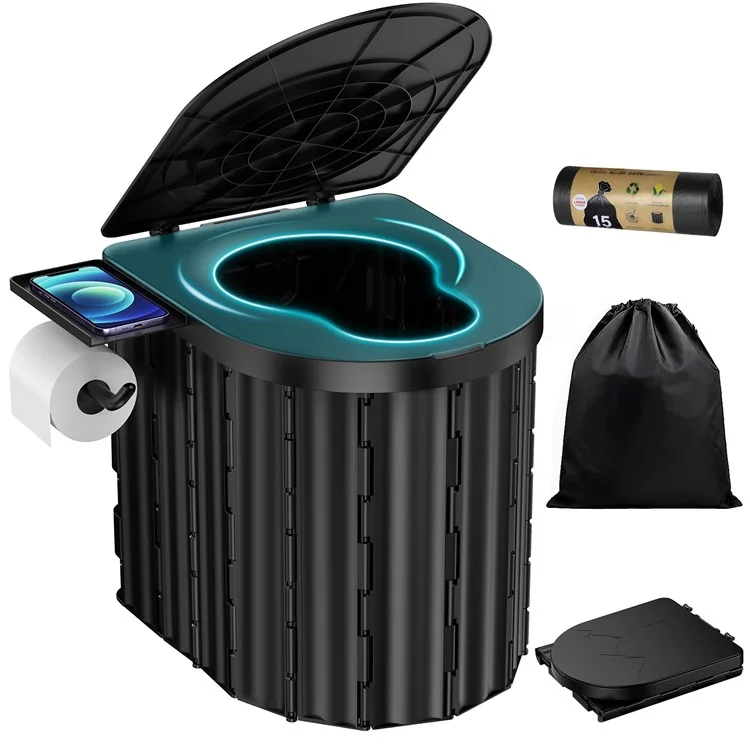 Inodoro portátil para acampada, viaje, retrete con 12 bolsas de basura - Negro