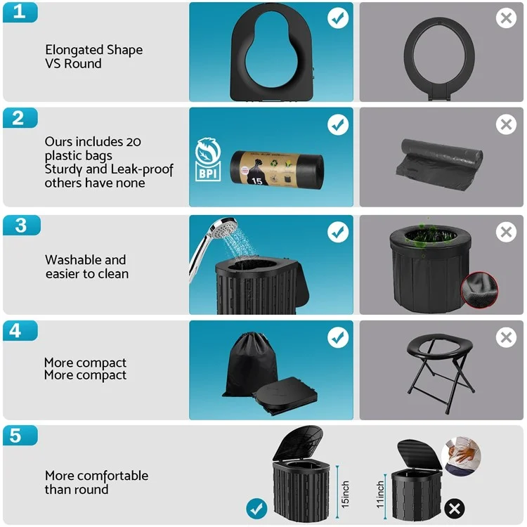 Inodoro portátil para acampada, viaje, retrete con 12 bolsas de basura - Negro