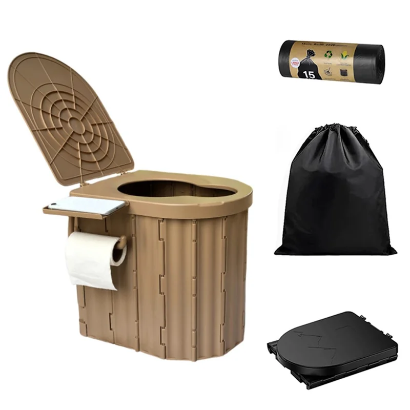 Portable Toilet for Camping Travel Toilet Commode Bucket with 12Pcs Garbage Bag  - Coffee