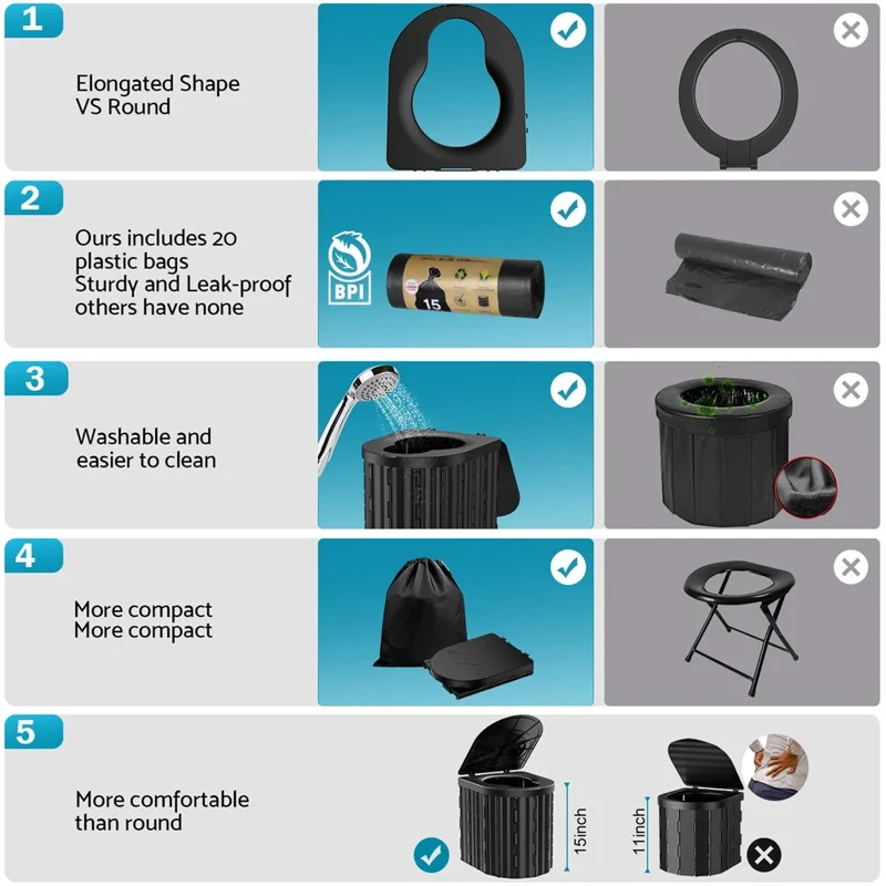 Portable Toilet for Camping Travel Toilet Commode Bucket with 12Pcs Garbage Bag  - Coffee