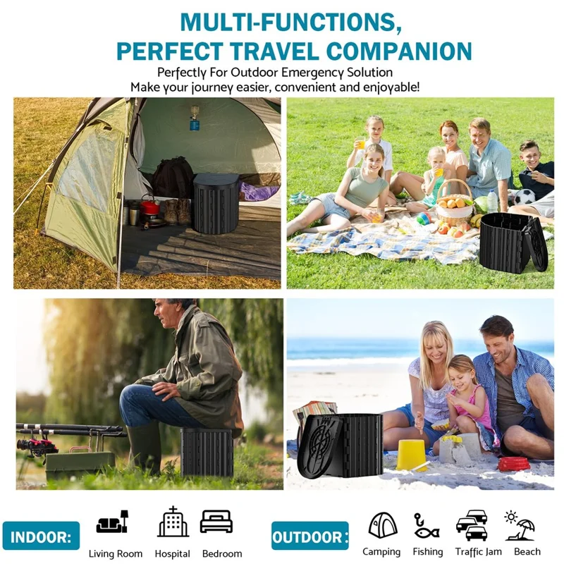 Portable Toilet for Camping Travel Toilet Commode Bucket with 12Pcs Garbage Bag  - Coffee