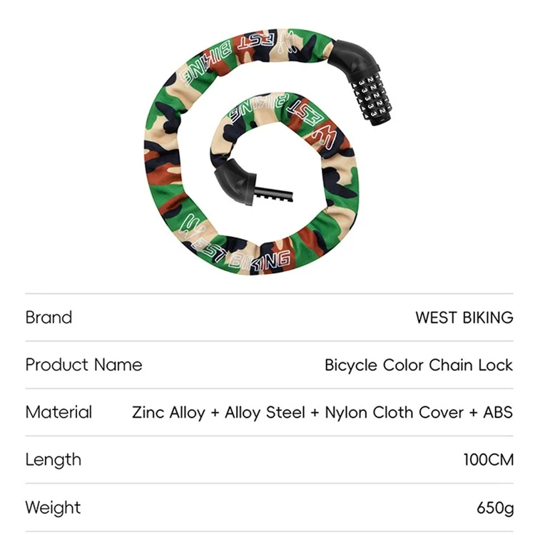 WEST BIKING YP0705119 Bicycle Anti Theft Chain Lock 5 Digit Combination Lock for Mountain Bike - Pink