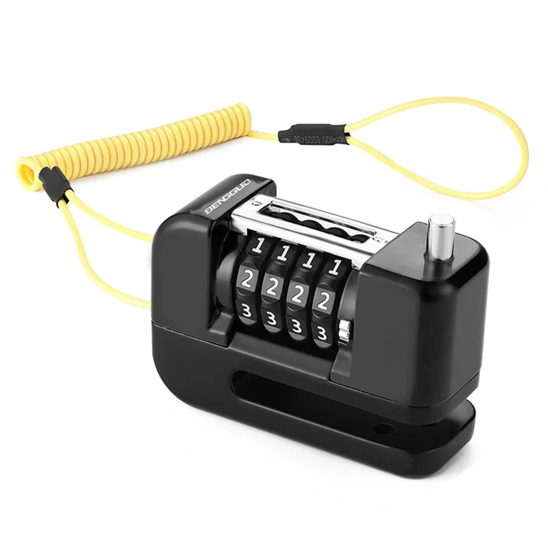 BENGGUO BG-1252 Bicycle Motorcycle E-Bike 4-Digit Password Disc Brake Lock Anti-Theft Aluminum Alloy Lock with Reminder Rope - Black