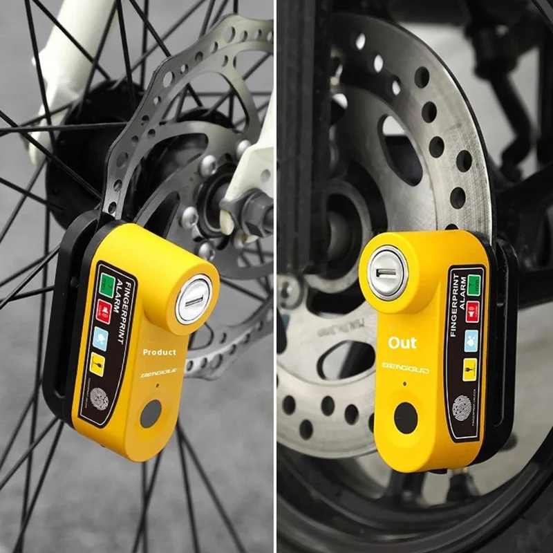 BENGGUO BG-1253 Elektrisches Fahrrad Motorrad Scheibenbremsen-Schloss mit Fingerabdruck-Diebstahlschutz Sicherheitsalarm - Gelb