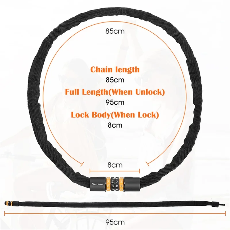 WEST BIKING Lucchetto per bicicletta a combinazione a 4 cifre per mountain bike e biciclette da strada, catena antifurto da 85 cm di lunghezza