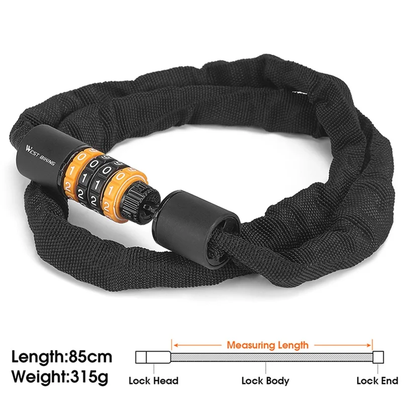 WEST BIKING Lucchetto per bicicletta a combinazione a 4 cifre per mountain bike e biciclette da strada, catena antifurto da 85 cm di lunghezza