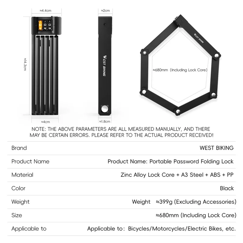 WEST BIKING YP0705123 For Bicycle Foldable Combination Lock Portable Anti Theft Security Lock for Mountain Road Bike