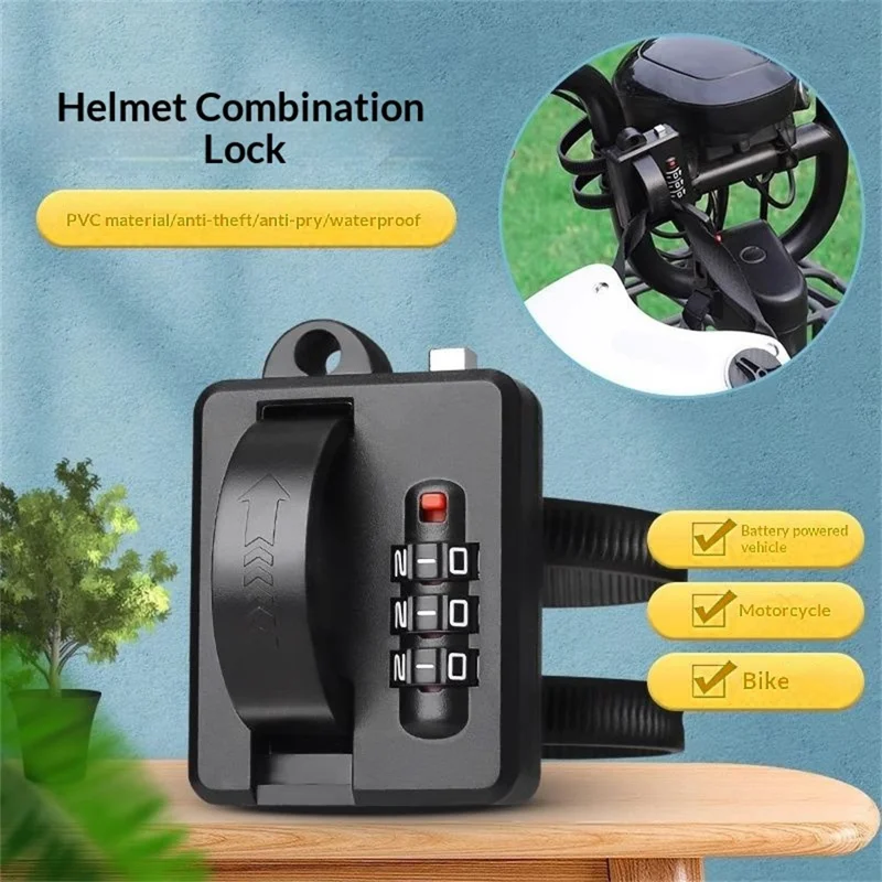 Helmet Combination Lock Universal PVC Portable Anti Theft Security Lock for Electric Motorcycle Scooter - Black