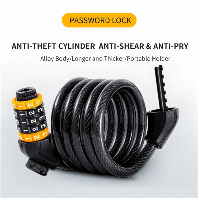 WEST BIKING YP0705062 5-digit Bike Password Lock Anti Theft Security MTB Road Bicycle Cable Lock 1.5m