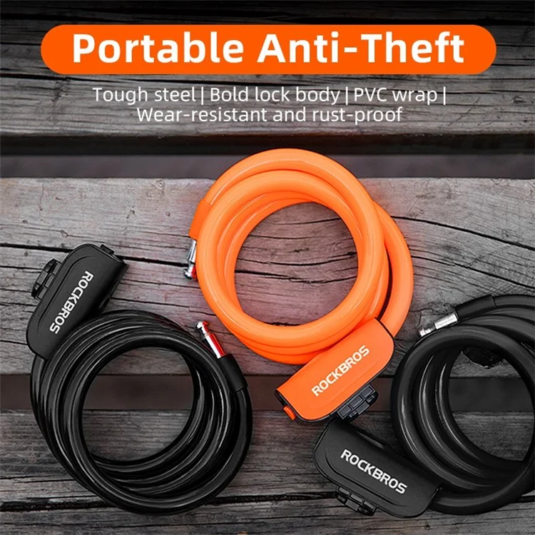 ROCKBROS RKS515 Bicycle Coiled Locks Portable Anti-Theft Bicycle Steel Cable Lock with Keys for Motorcycle, MTB, Door, Gate, Fence - Black